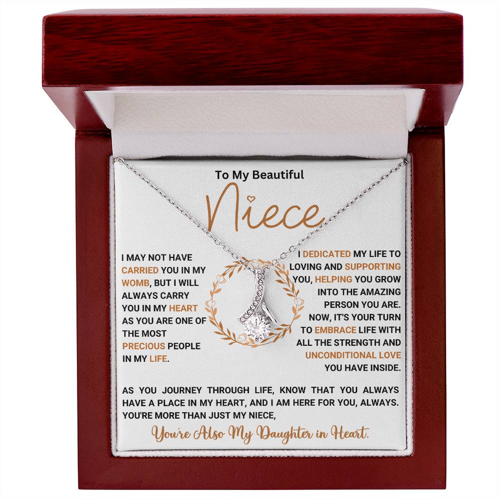 Alluring Beauty necklace for niece in gift box with loving message on card.