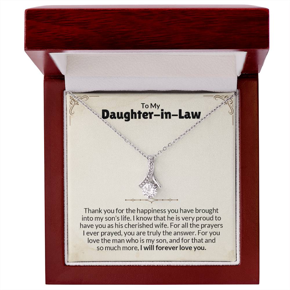 Alluring Beauty necklace in gift box with heartfelt message to daughter-in-law.