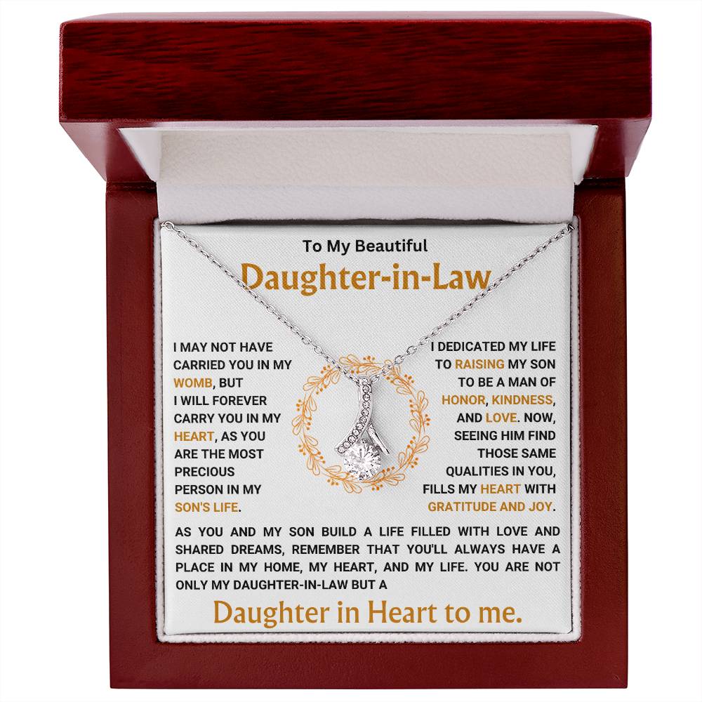 Alluring Beauty necklace for daughter-in-law with heartfelt message in a wooden gift box