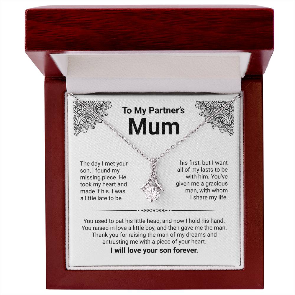 Elegant Alluring Beauty necklace in a gift box with heartfelt message for Partner's Mum. Perfect appreciation gift.