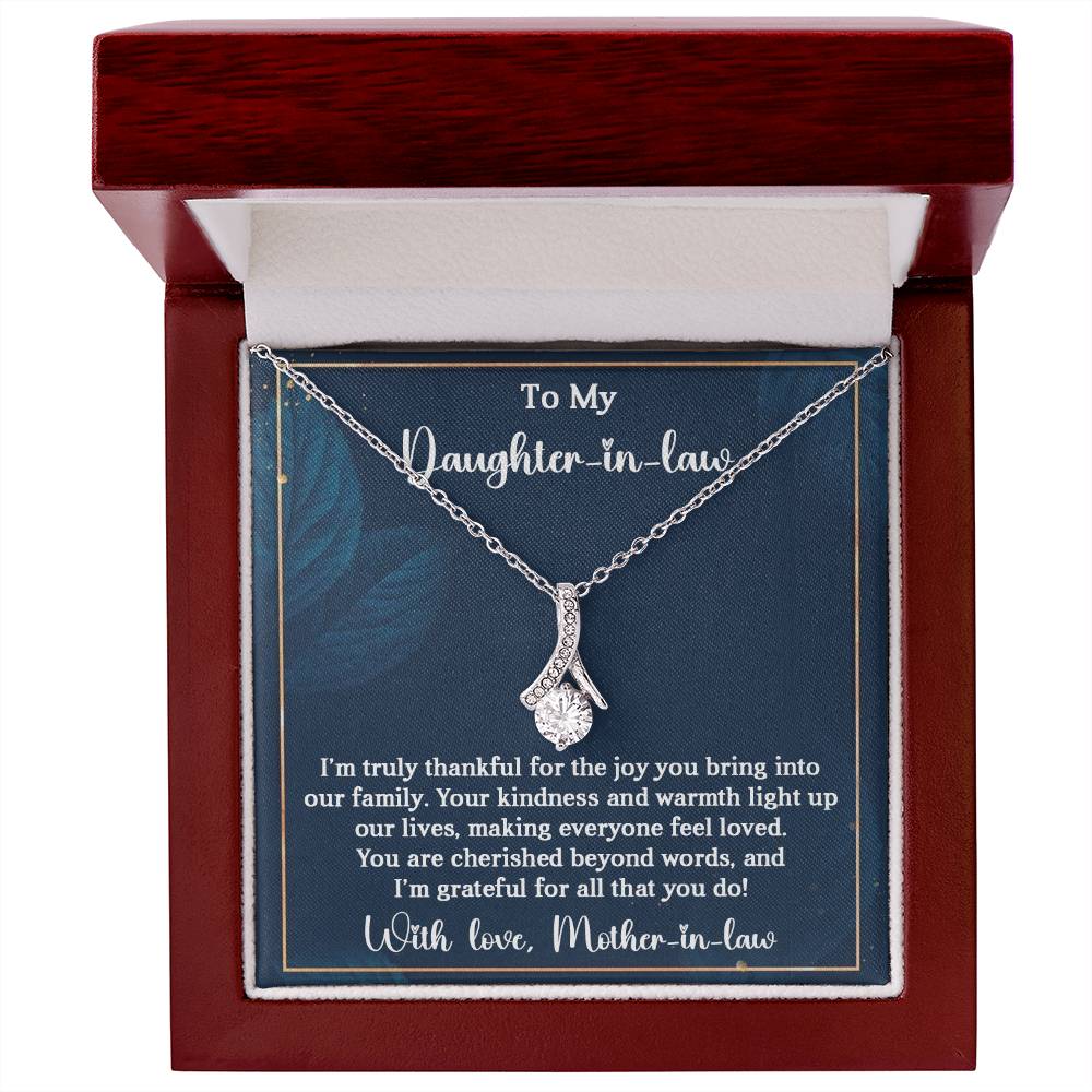 Alluring Beauty necklace in gift box for daughter-in-law with heartfelt message from mother-in-law.