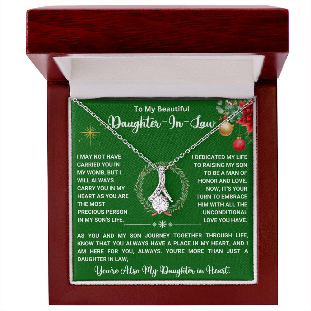 Necklace with ribbon pendant in gift box, dedicated to daughter-in-law with heartfelt message. Ideal for special occasions.