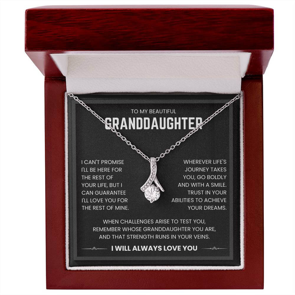 To My Beautiful Granddaughter necklace in a wooden box with an inspirational message