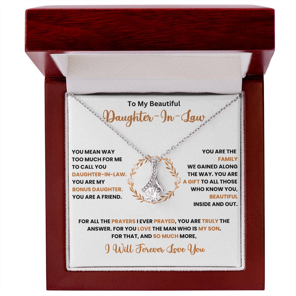 Alluring Beauty necklace in gift box with a heartfelt message for daughter-in-law, ideal for birthdays or anniversaries.