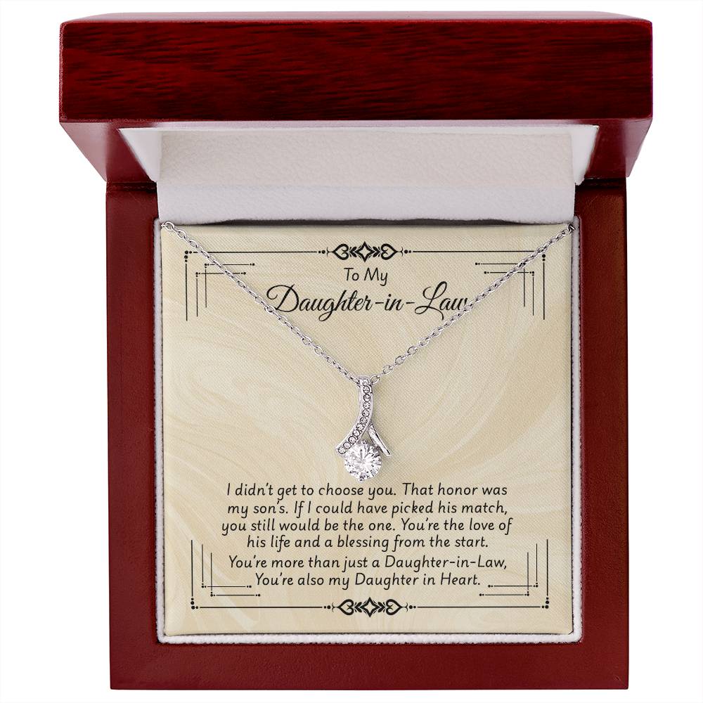 "Alluring Beauty necklace with heartfelt message for daughter-in-law, elegant ribbon pendant in a gift box"