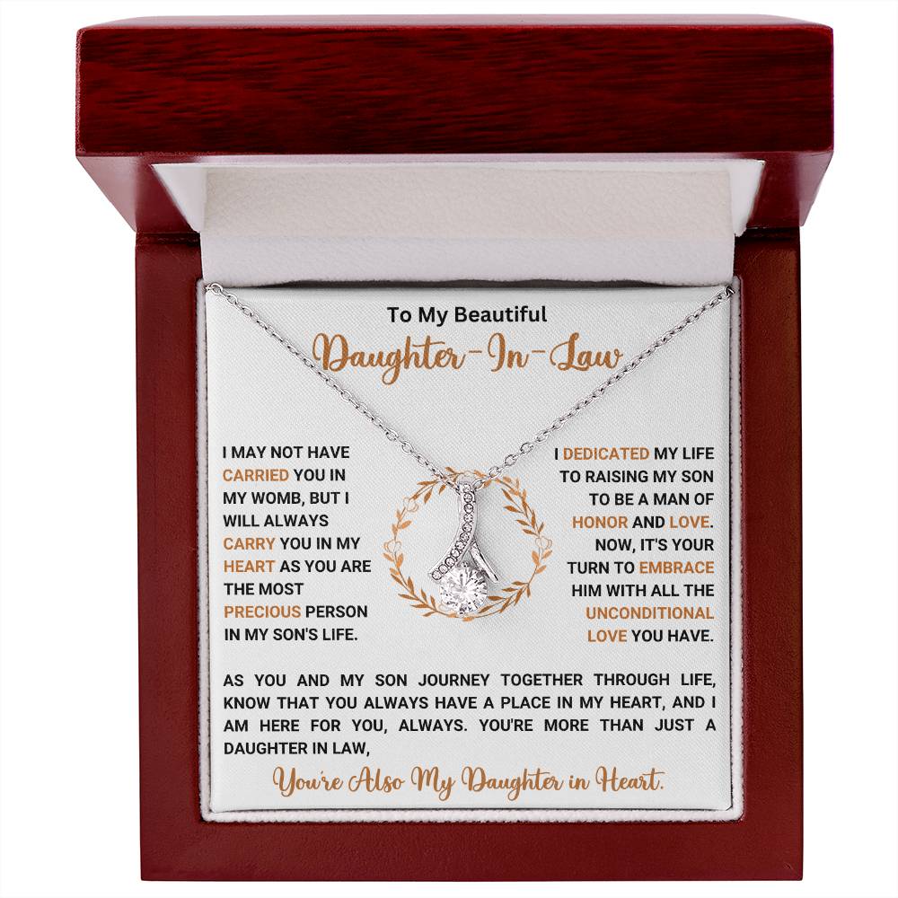 Alluring beauty necklace gift for daughter-in-law with heartfelt message in a wooden box.