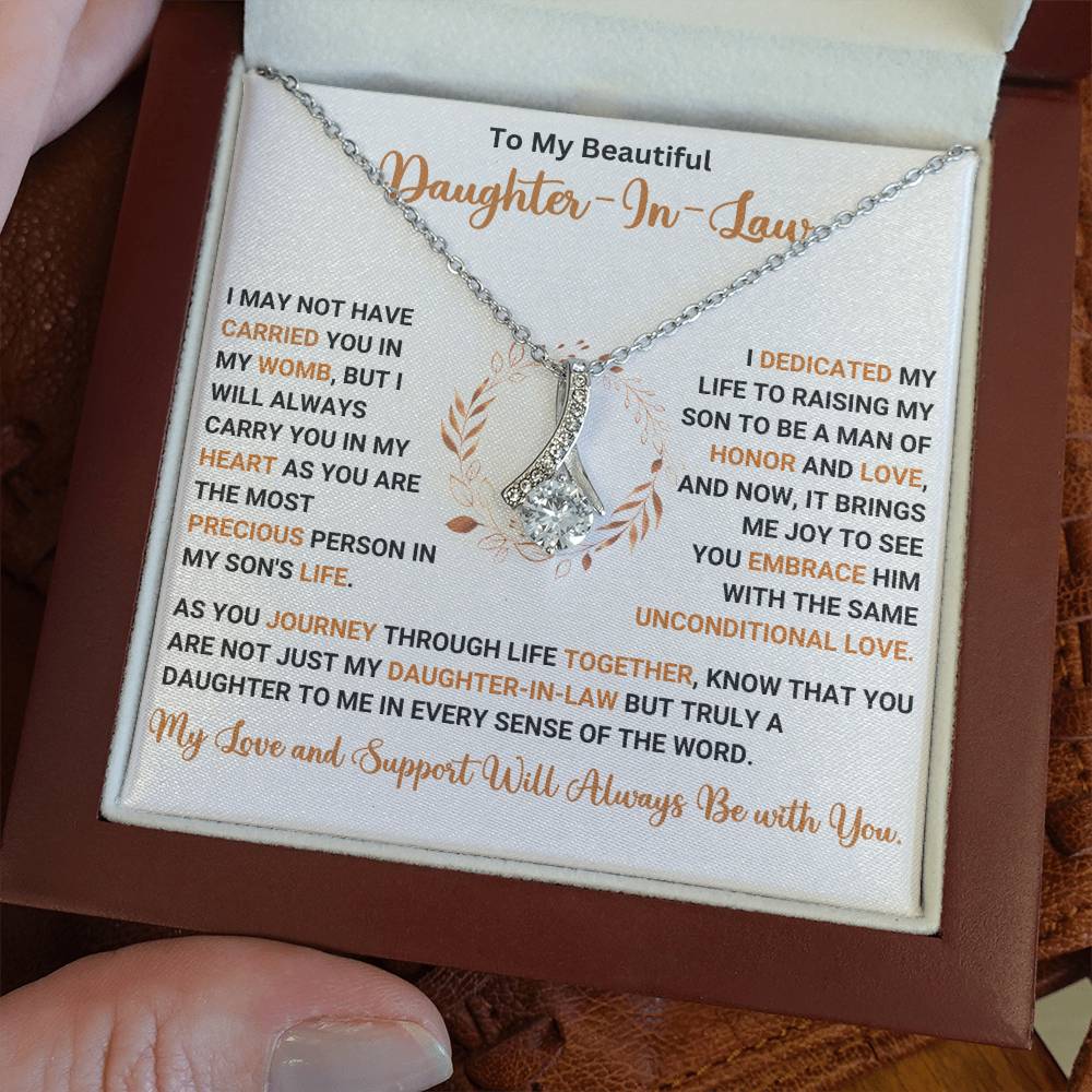 Alluring Beauty Necklace for Daughter-in-Law with heartfelt message in gift box, perfect for special occasions.