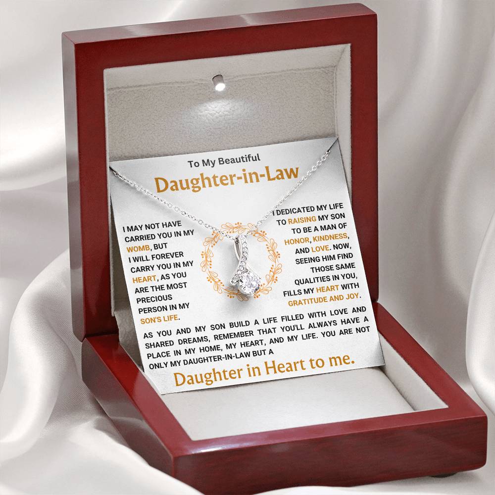 Alluring Beauty necklace in a luxurious box with a heartfelt message for a daughter-in-law