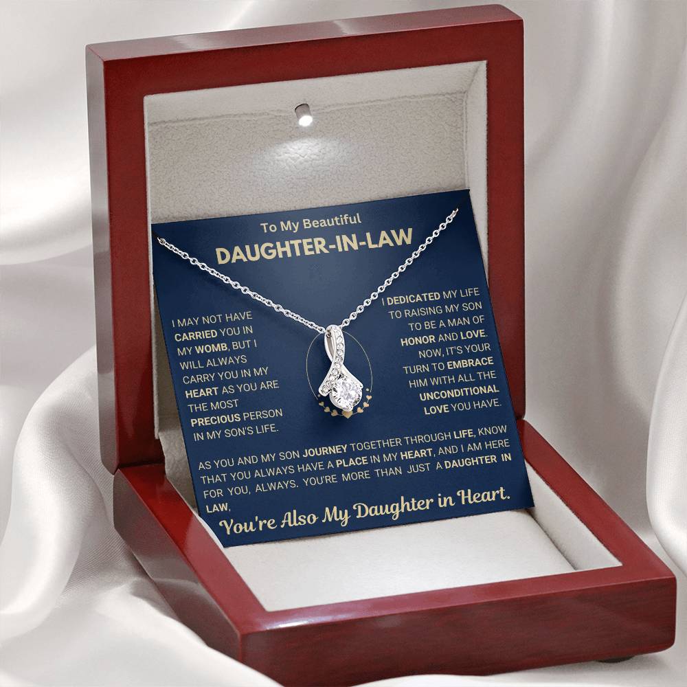 Alluring Beauty necklace for daughter-in-law with ribbon pendant in a gift box with heartfelt message