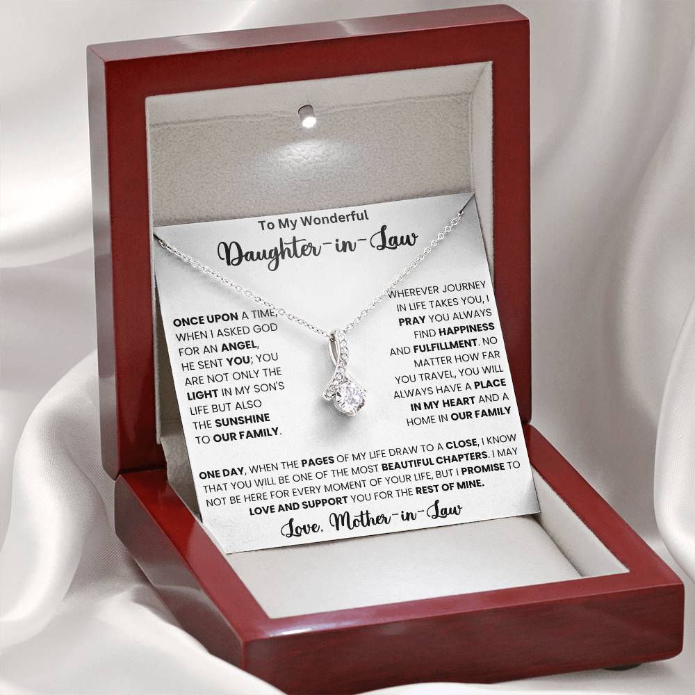 Alluring Beauty necklace for daughter-in-law in a cherry wood gift box with heartfelt message inside