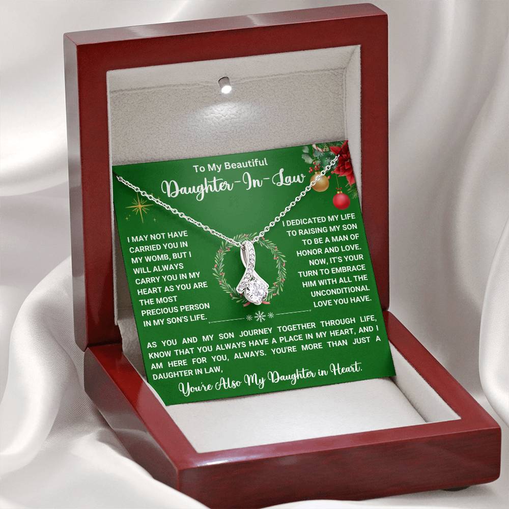 Elegant necklace gift for daughter-in-law with heartfelt message in a jewelry box, perfect for birthdays or anniversaries.