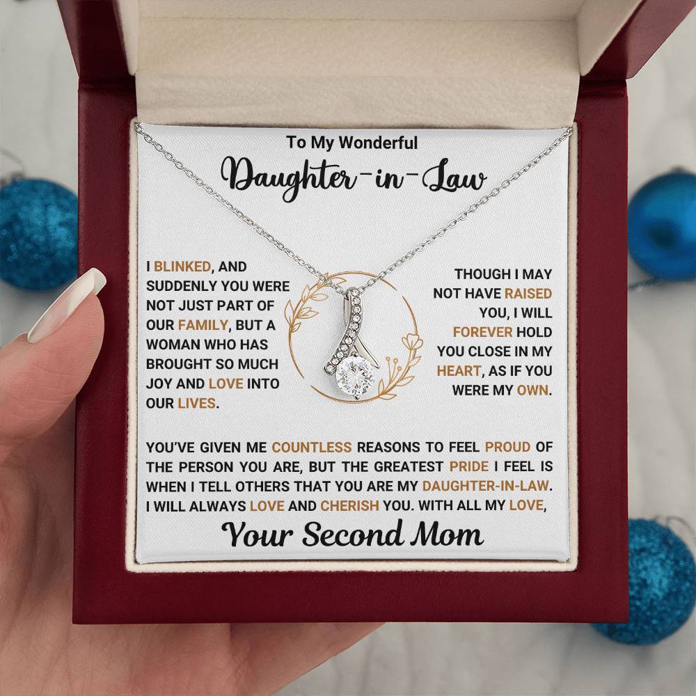 Alluring Beauty necklace gift for daughter-in-law with heartfelt message from mother-in-law in an elegant jewelry box.