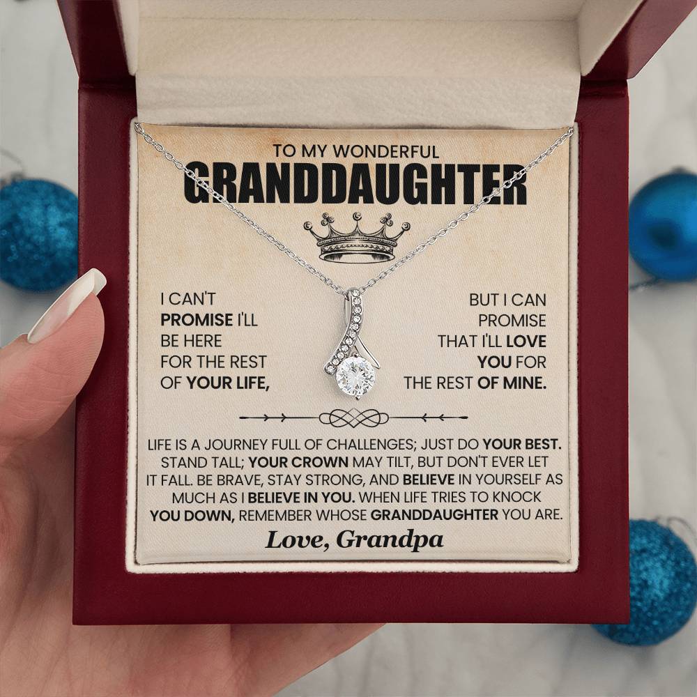 Alluring Beauty necklace for granddaughter with heartfelt message, ribbon shaped pendant in gift box, perfect for special occasions.