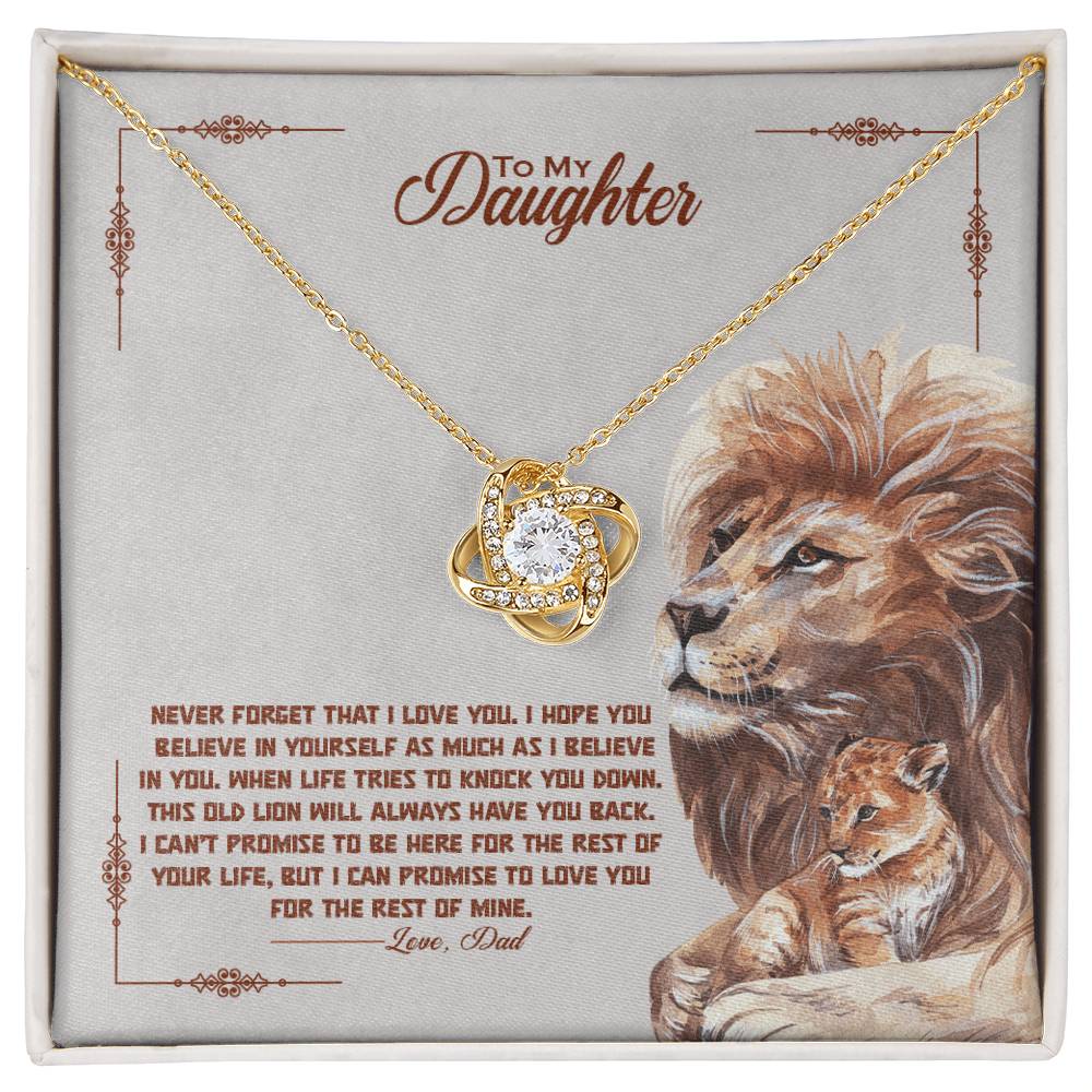 Love knot necklace for daughter with cubic zirconia pendant and gift message featuring a lion and cub illustration