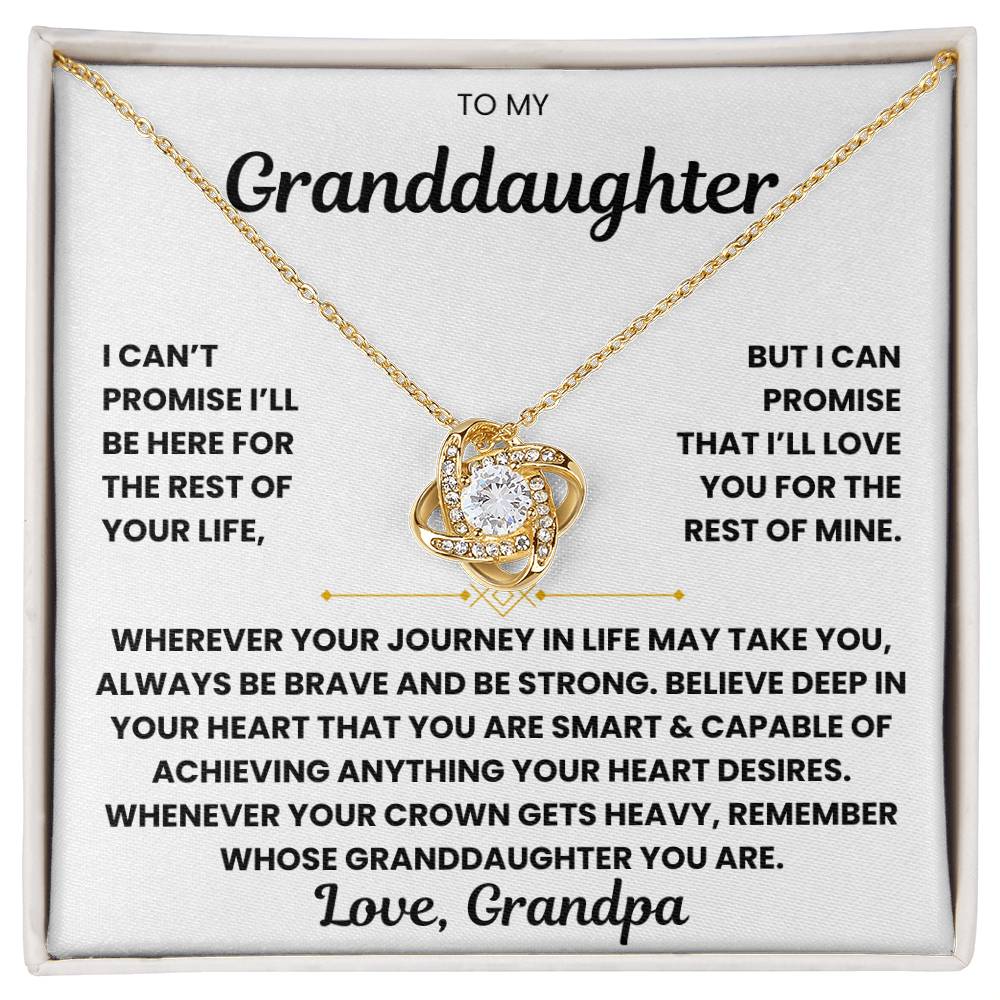 To My Granddaughter Interlocking Heart Necklace with card message from Grandpa expressing love and encouragement, gold necklace with sparkling stones.