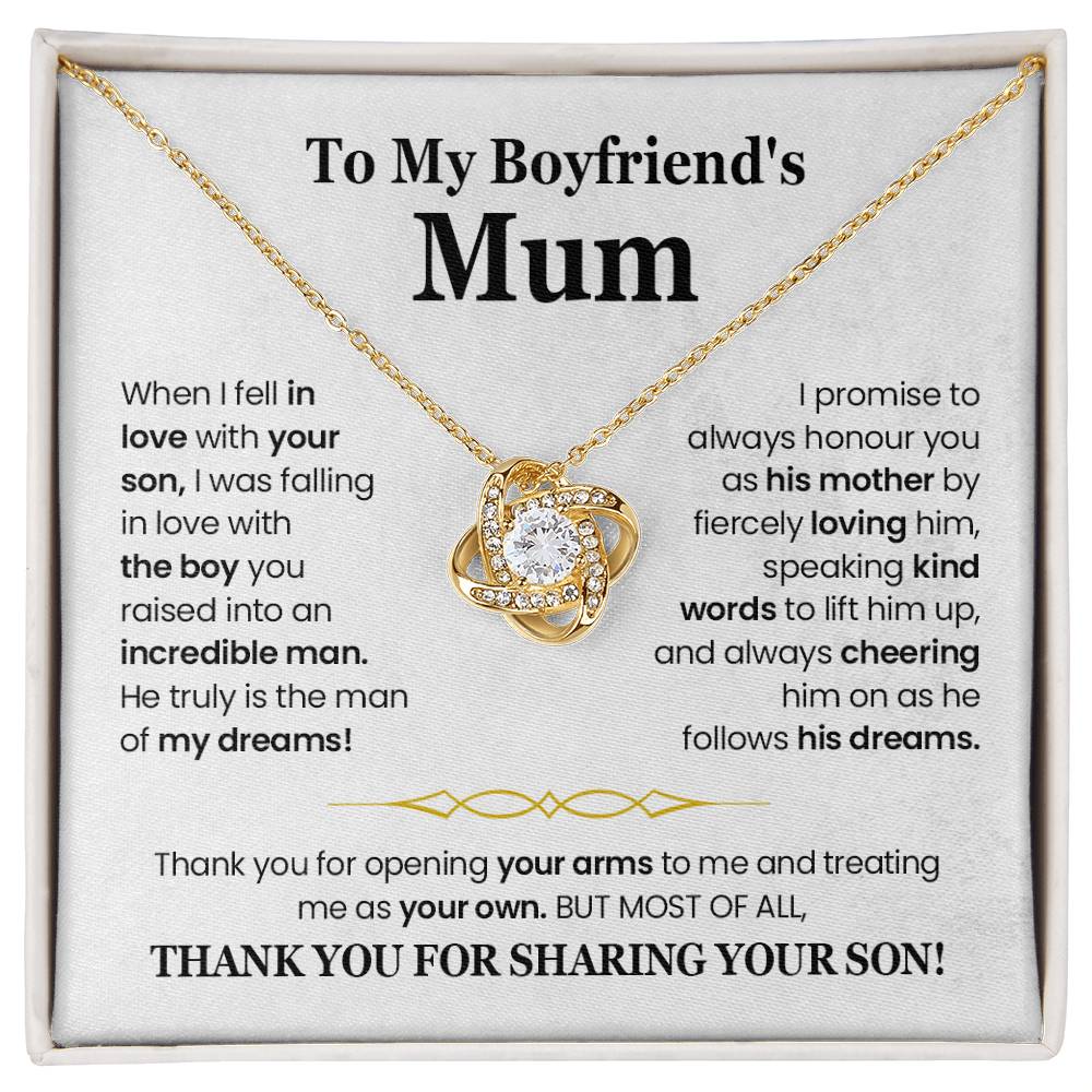 Love Knot Necklace gift for boyfriend's mum, featuring cubic zirconia pendant and heartfelt message card.