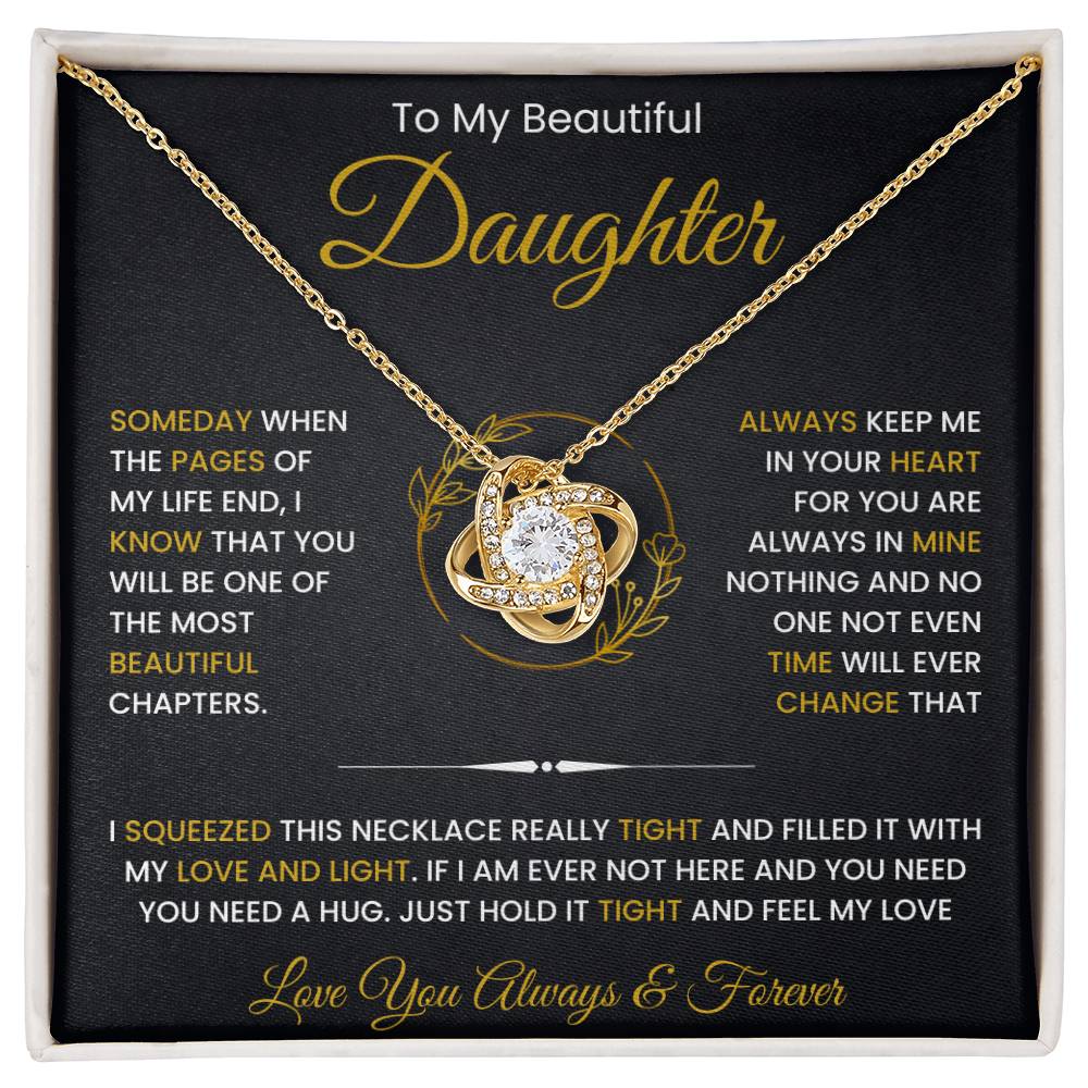 To My Beautiful Daughter Love Knot Necklace with heartfelt message card featuring cubic zirconia crystals, perfect gift from Dad or Mom.