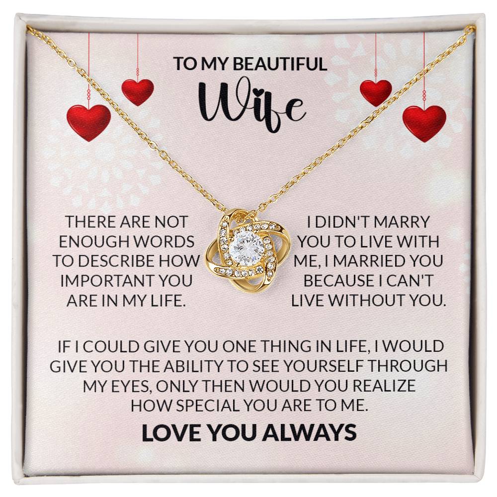 Love Knot Necklace gift box with romantic message for wife, featuring gold chain and cubic zirconia pendant.