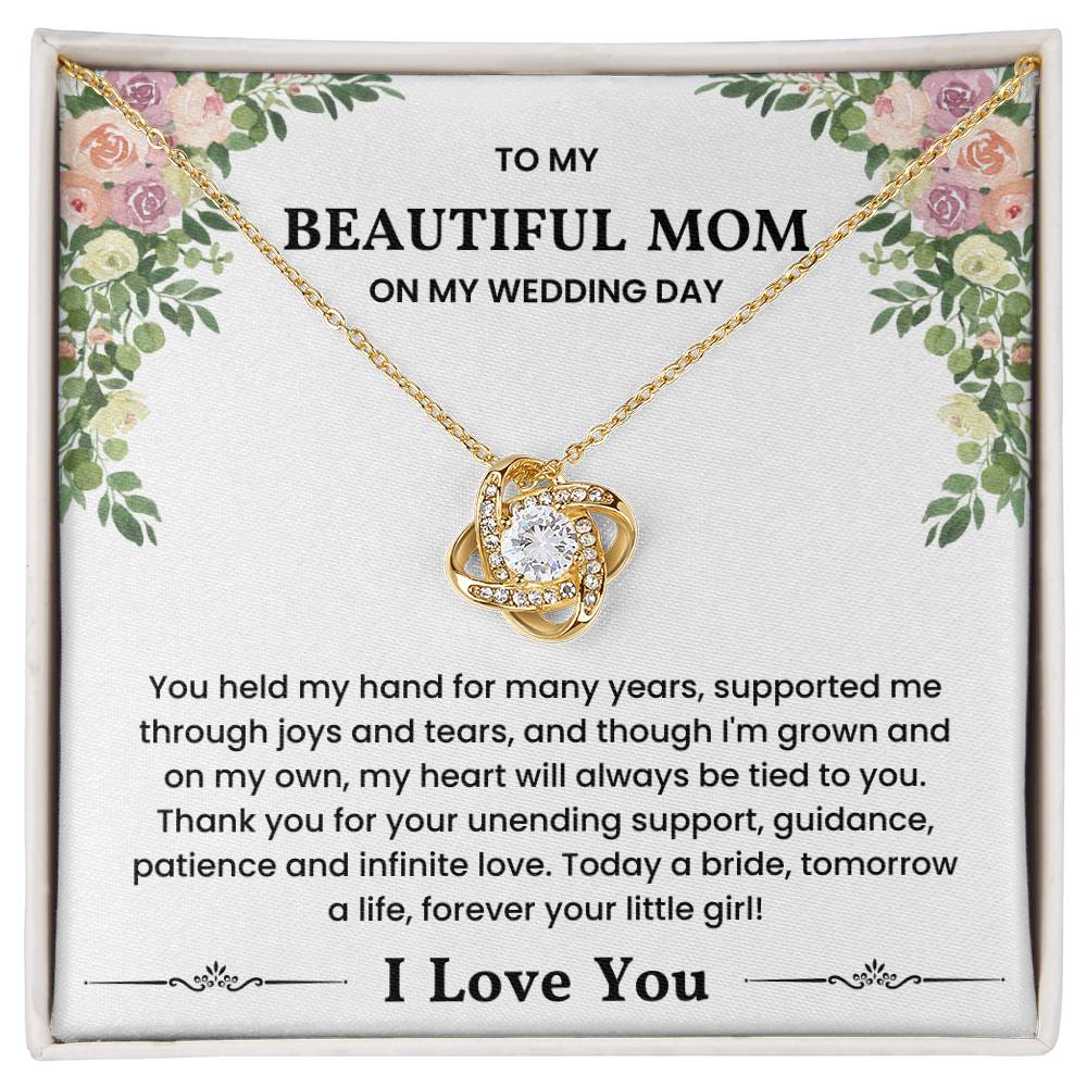 Love Knot Necklace for Mom on Wedding Day with heartfelt message, floral design, and "I Love You" note in a gift box. Perfect wedding gift.