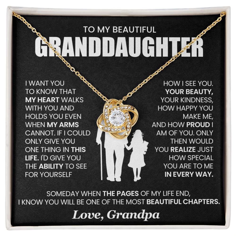 Love Knot Necklace for Granddaughter with heartfelt message, embellished with cubic zirconia and gold charm, perfect gift from a grandparent.