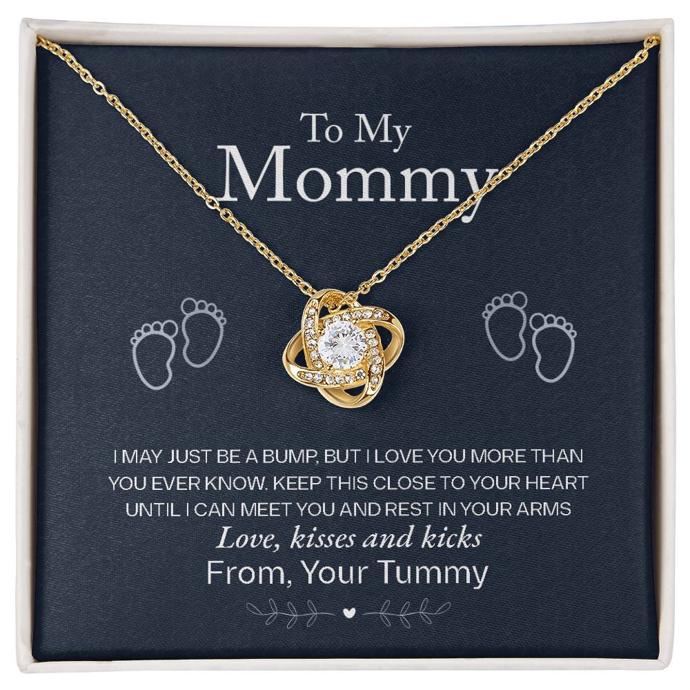 To My Mommy Love Knot Necklace with cubic zirconia crystal, heartfelt message card, 14k gold over stainless steel, perfect gift for moms.