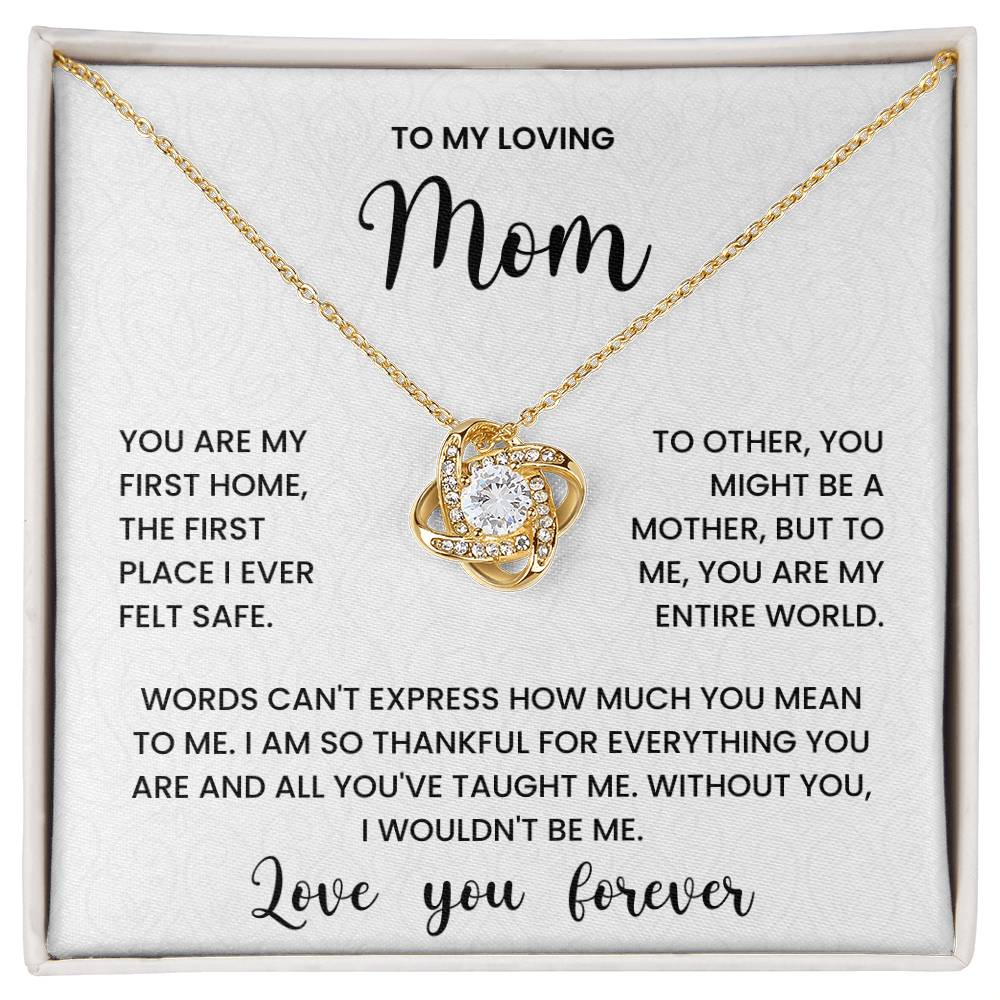 Love Knot Necklace for Mom with heartfelt message, "To My Loving Mom, Love You Forever." Perfect Mother's Day gift expressing gratitude.