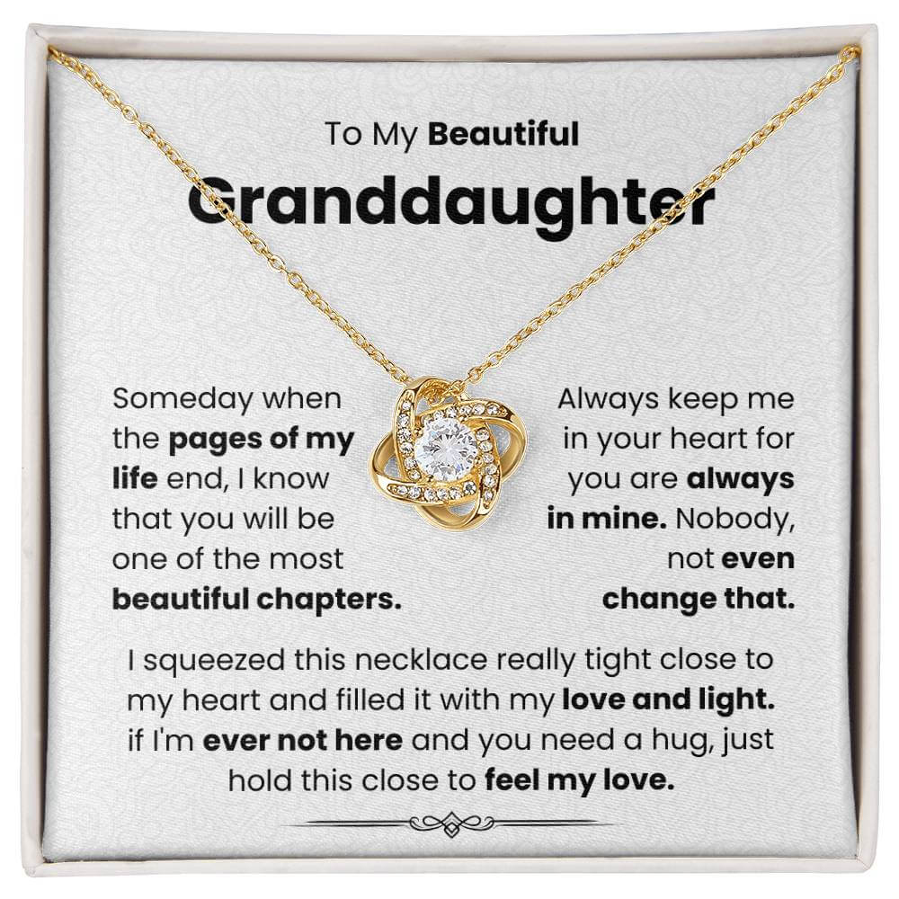 Love Knot Necklace with heartfelt message for my beautiful granddaughter, symbolizing eternal love and connection, in a gold and silver design.