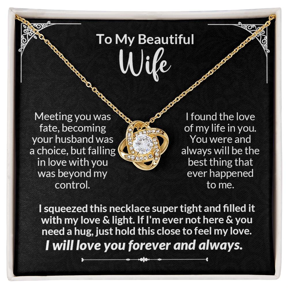 Love Knot Necklace on elegant gift card for wife with romantic message in gold, featuring cubic zirconia crystals. Perfect gift idea.