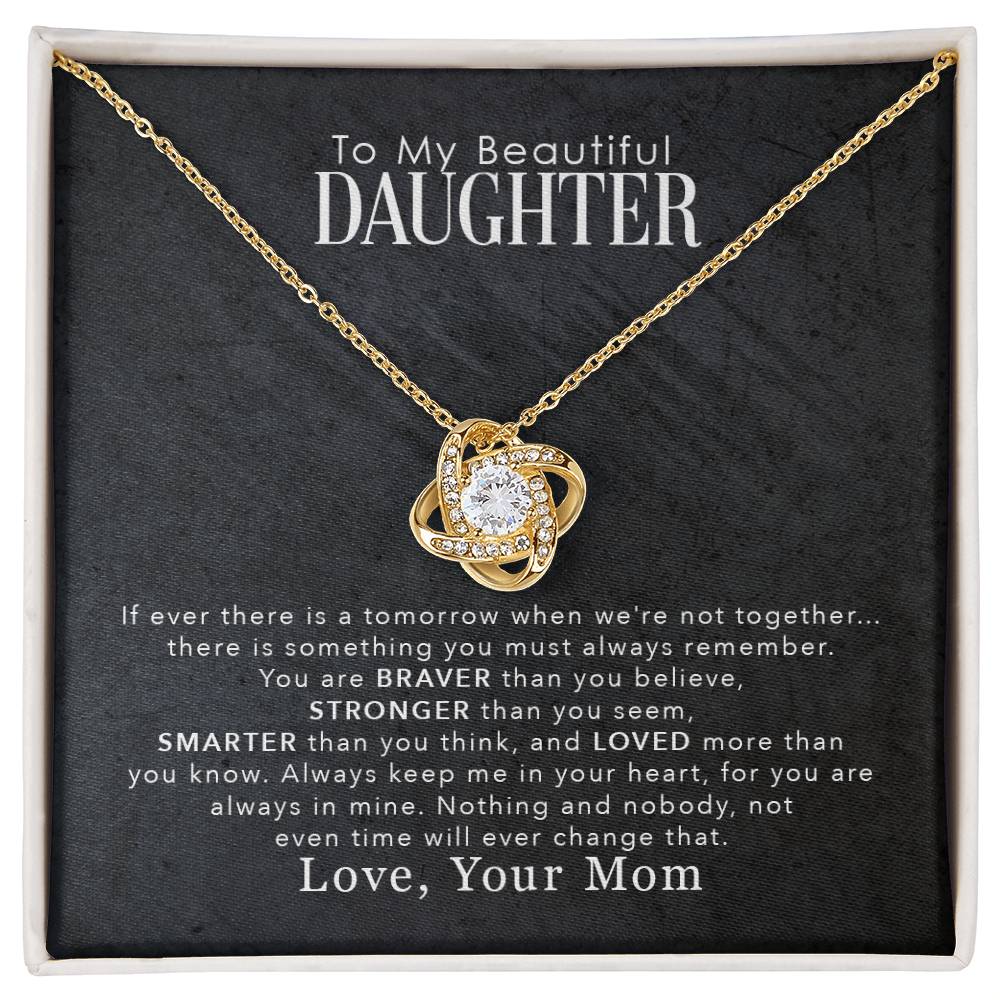 Love Knot Necklace for Daughter with Inspirational Message from Mom, 18k Yellow Gold Over Stainless Steel, Cubic Zirconia Crystal