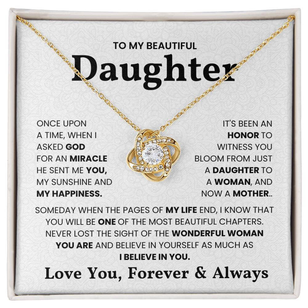 Gold Love Knot Necklace with Heartfelt Message for Daughter in Gift Box