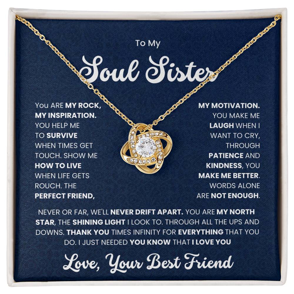 Love Knot Necklace for Soul Sister with heartfelt message on navy background