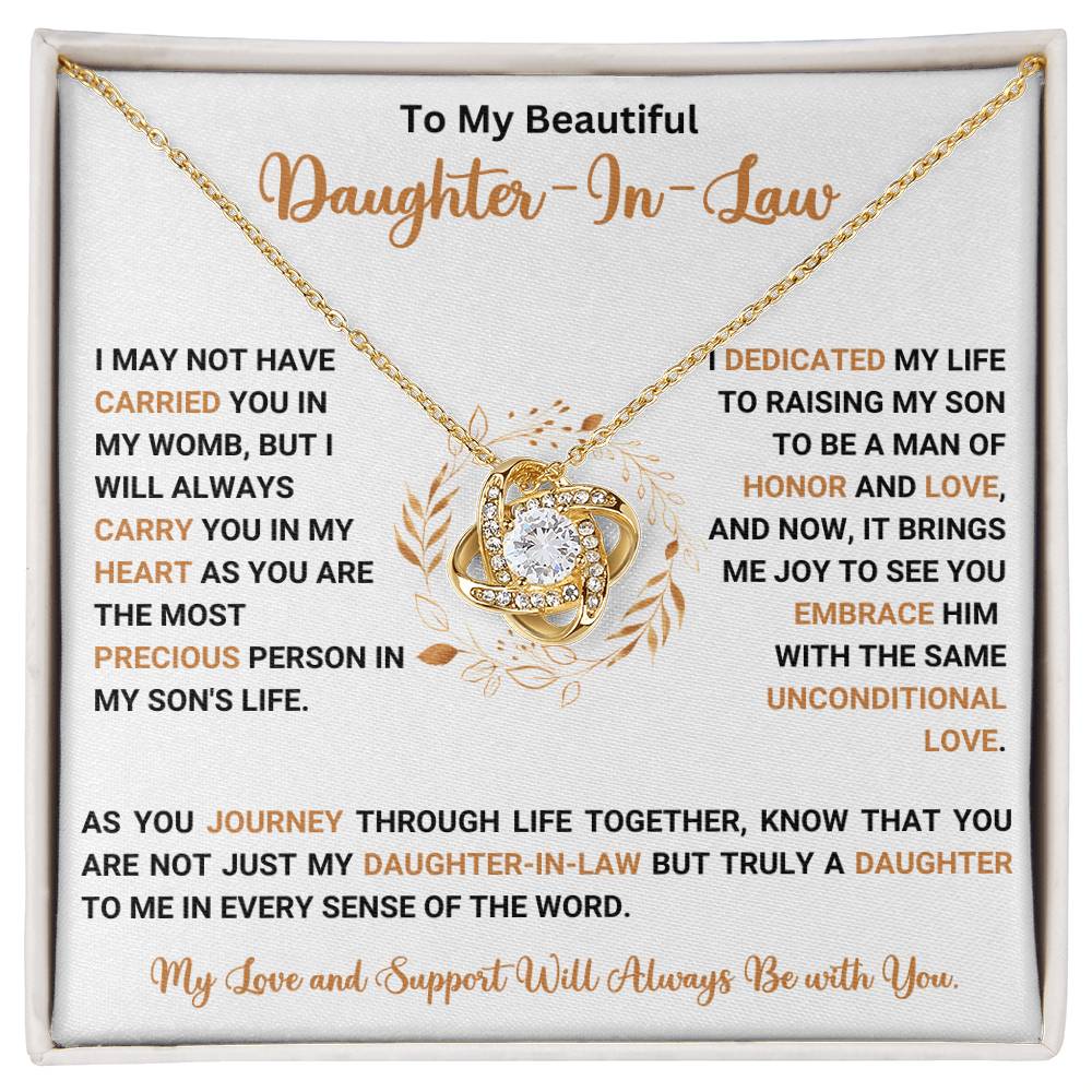 To My Beautiful Daughter-In-Law Love Knot Necklace with heartfelt message and gold chain, gift for daughter in law.