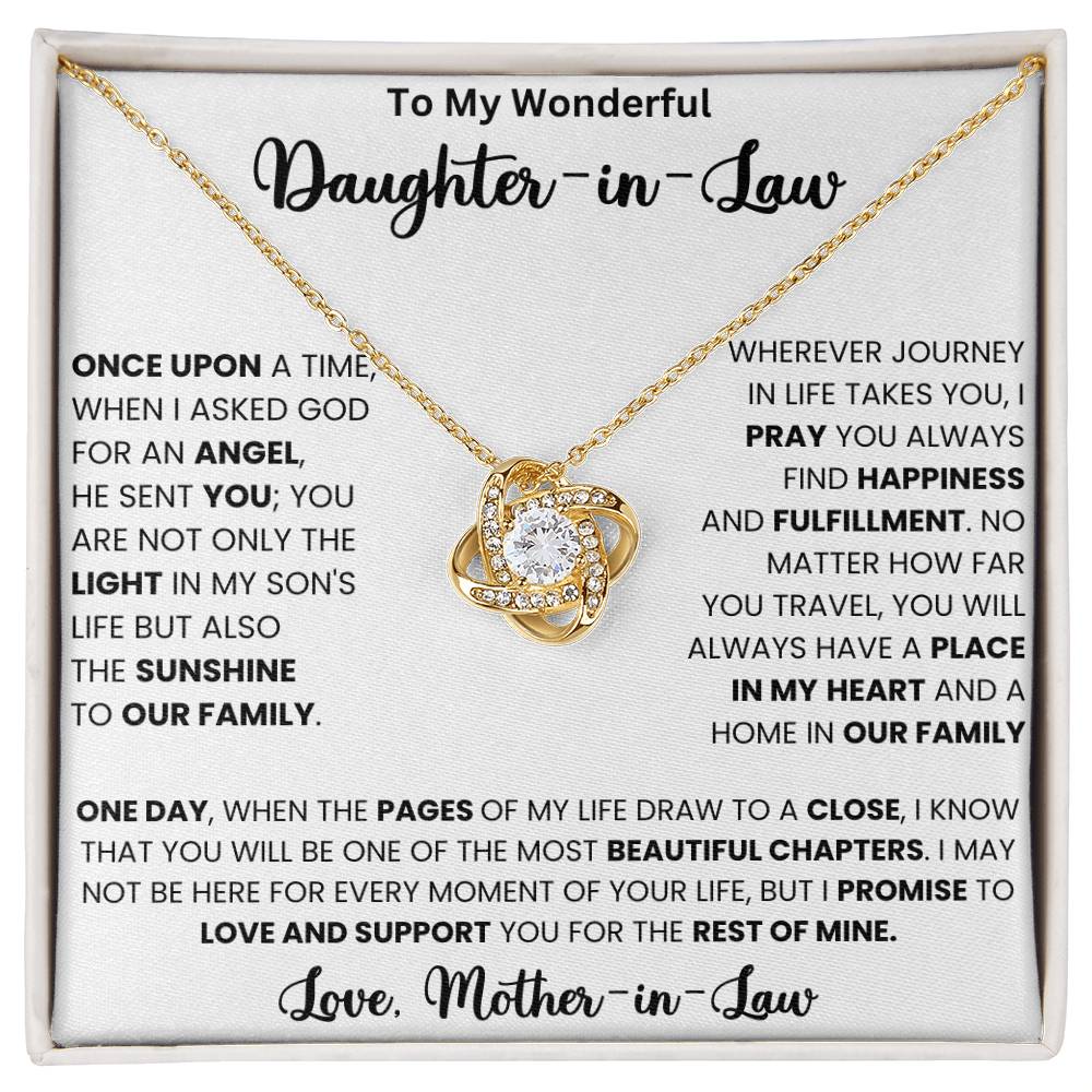 To My Wonderful Daughter in Law Love Knot Necklace with heartfelt message from Mother-in-Law, perfect gift featuring cubic zirconia and gold chain