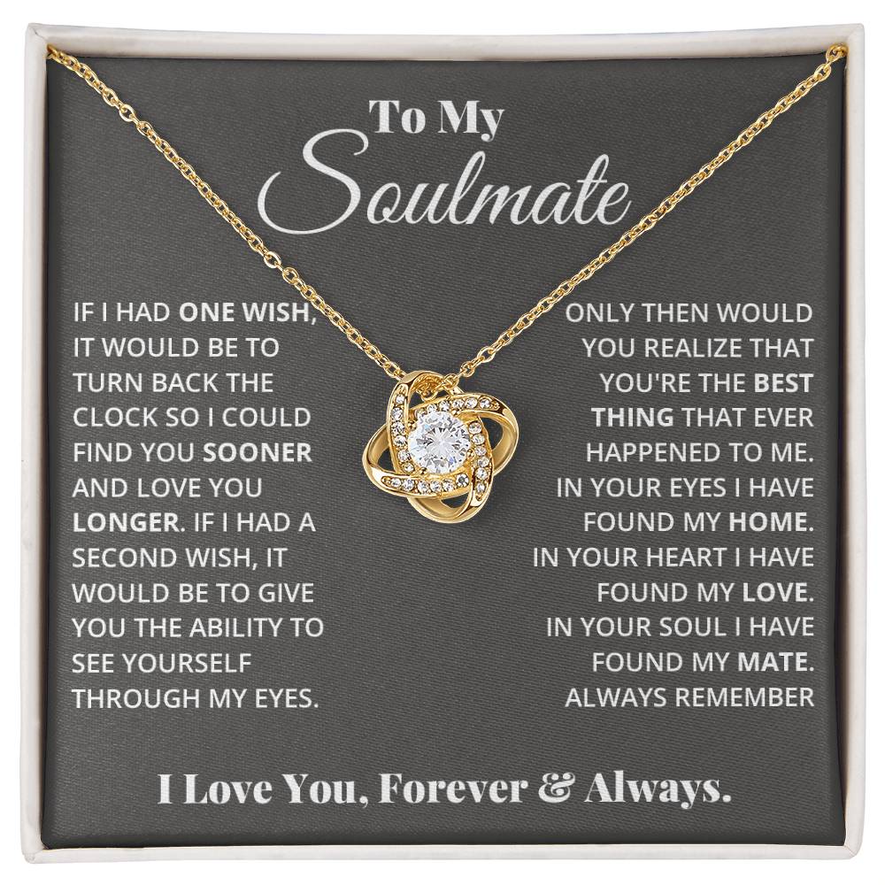 Love Knot Necklace with Cubic Zirconia in 18k Gold Over Stainless Steel, To My Soulmate, Sentimental Card Background