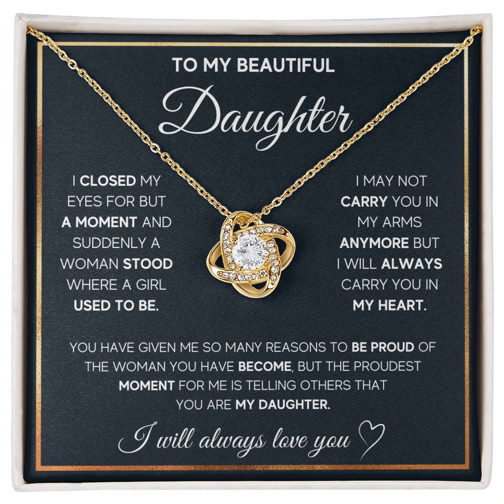 Love Knot Necklace for Daughter with Emotional Message on Gift Box, 18k Yellow Gold over Stainless Steel with Cubic Zirconia Stone