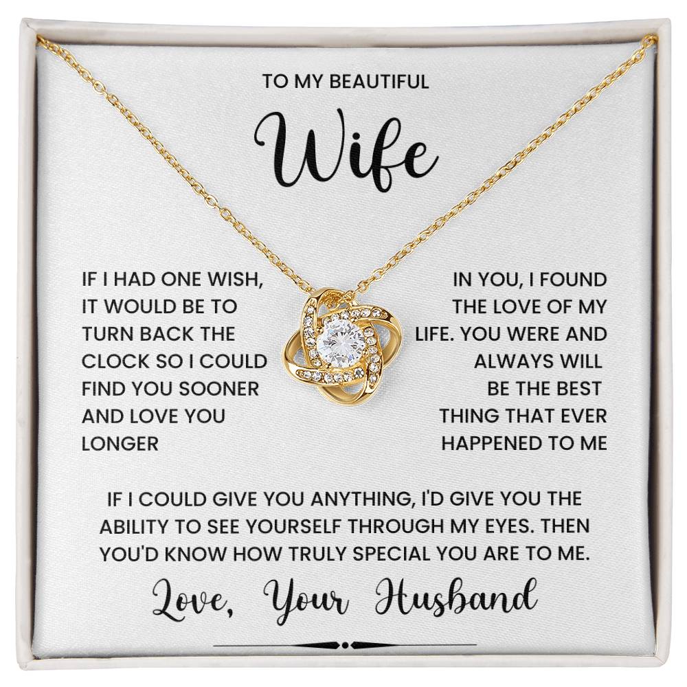 Love Knot Necklace with heartfelt message to beautiful wife from husband on jewelry gift box.