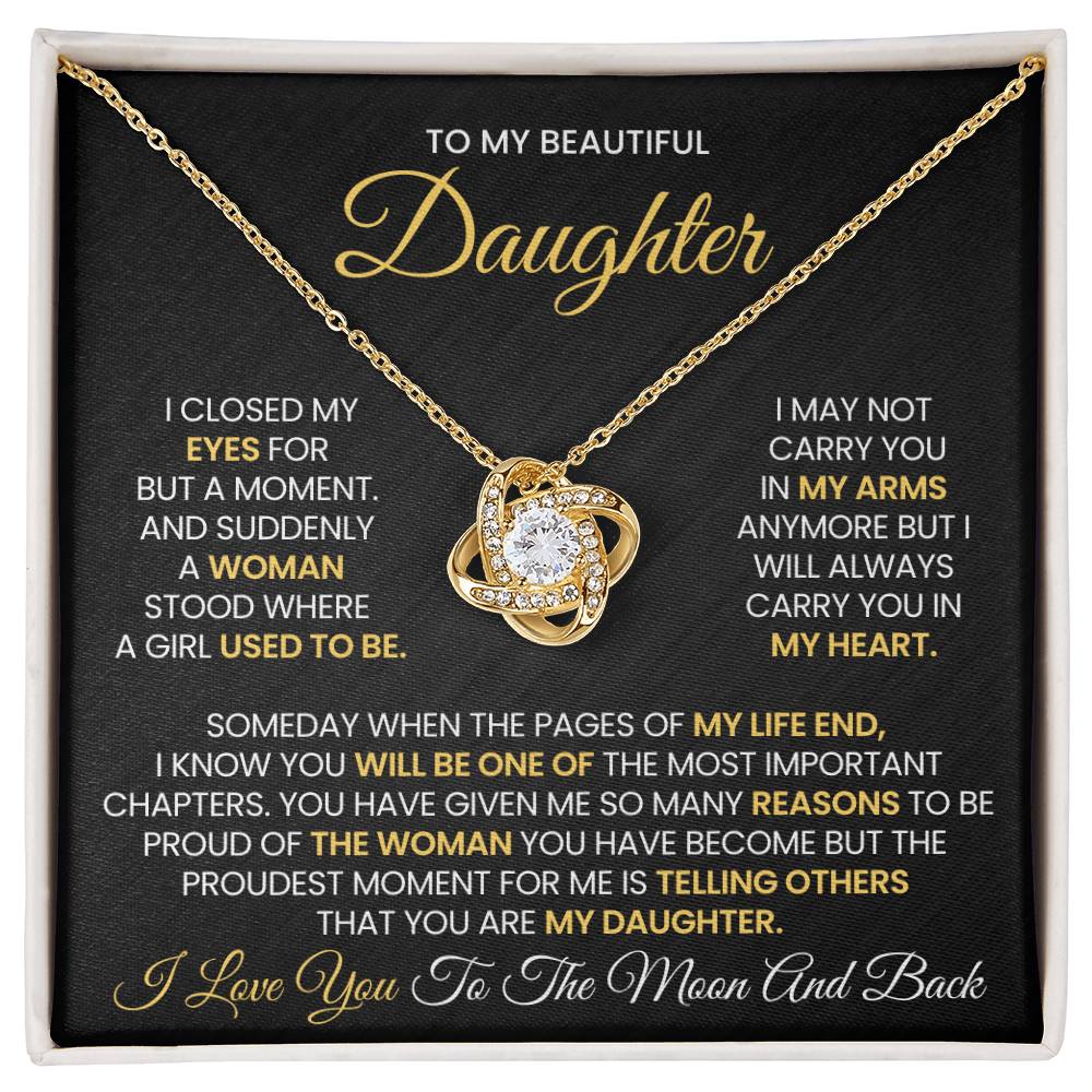 Love Knot Necklace for Daughter in gift box with heartfelt message, featuring premium cubic zirconia crystals and gold finish.