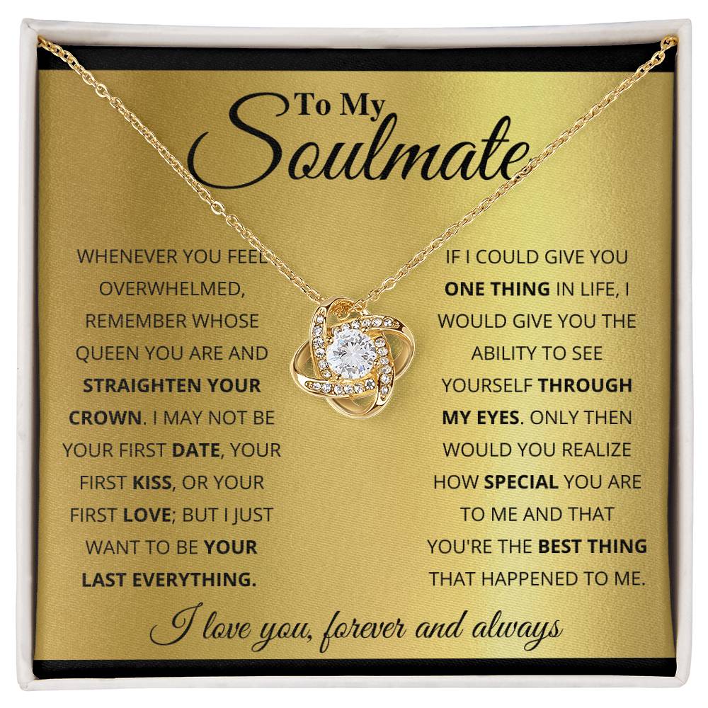 Love Knot Necklace in gold with cubic zirconia pendant, gift for soulmate, heartfelt message in background, perfect romantic gift