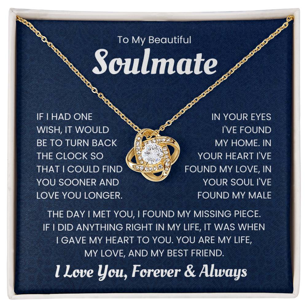 Love Knot Necklace with sentimental message for soulmate, gold chain, gift box with romantic text, "To My Beautiful Soulmate - I Found My Missing Piece"