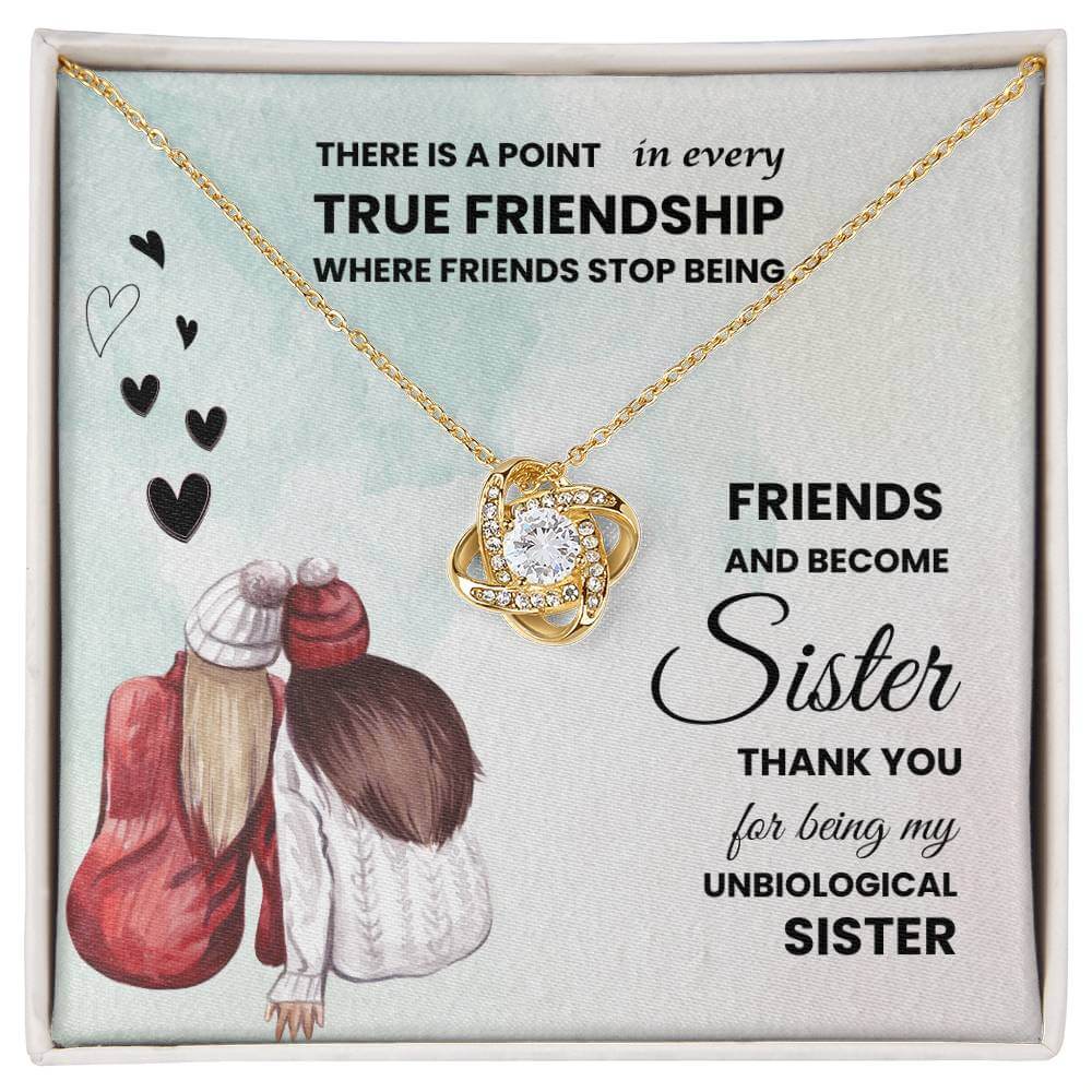 Love Knot Necklace gift with cubic zirconia, message "There is a point in every true friendship where friends stop being sisters," unbiological sister necklace.