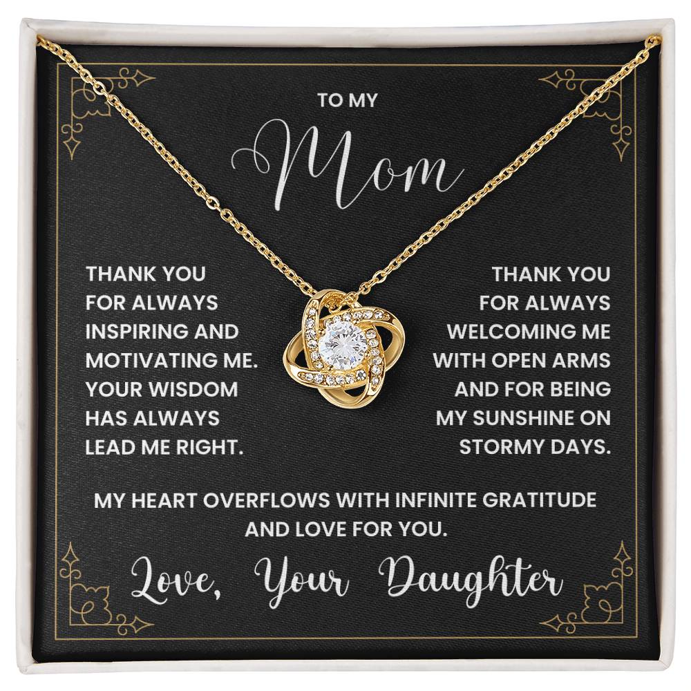 Love Knot Necklace gift for mom with heartfelt message of gratitude and love from daughter.