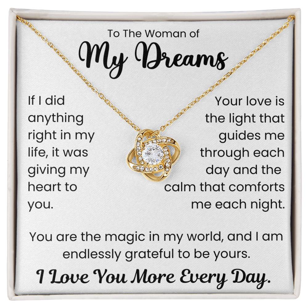 To The Woman of My Dreams Love Knot Necklace with message card - I Love You More Every Day - 14k gold over stainless steel with cubic zirconia.