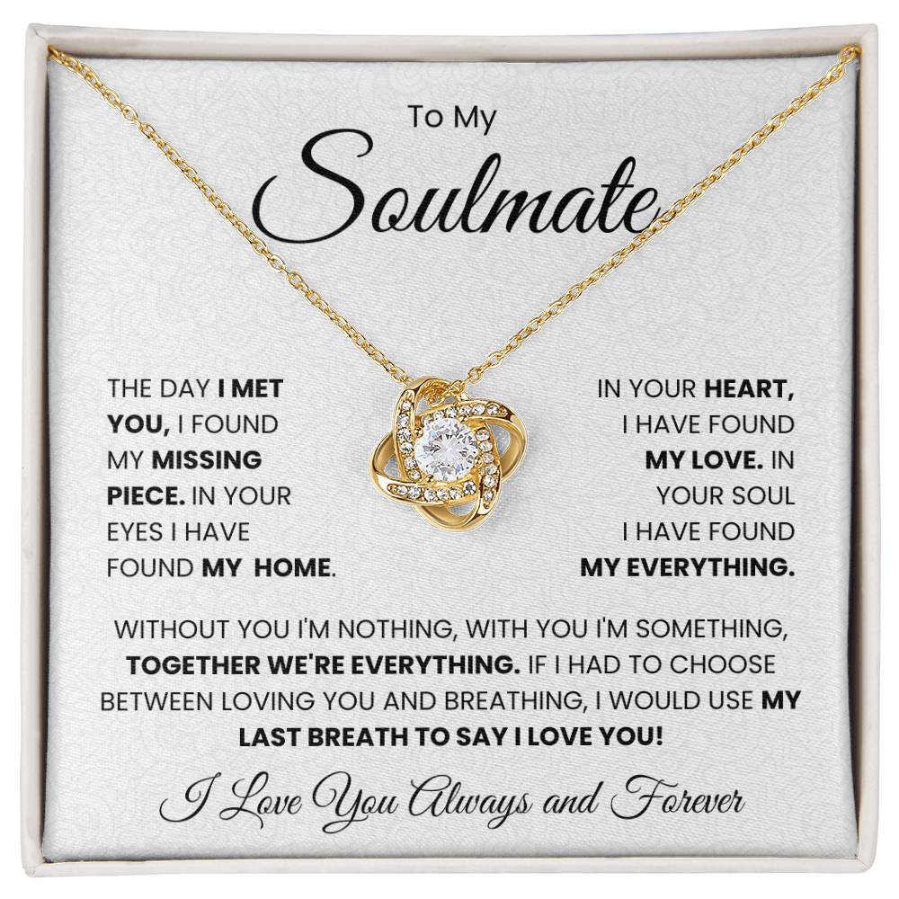 Love Knot Necklace on a Soulmate Message Card "In Your Heart, I Have Found My Love" with a heartfelt declaration of love and commitment.