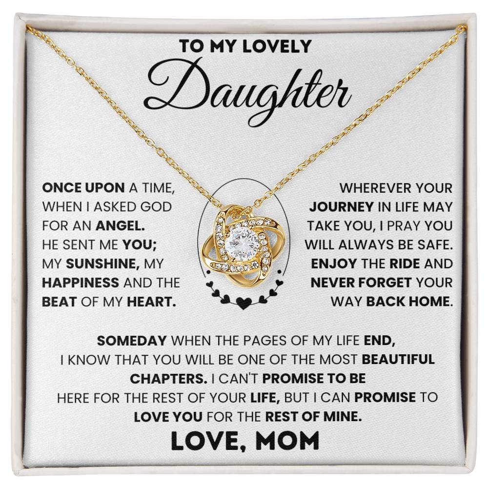 Love Knot Necklace with a heartfelt message for a daughter, featuring a pendant symbolizing the unbreakable bond between mother and daughter.