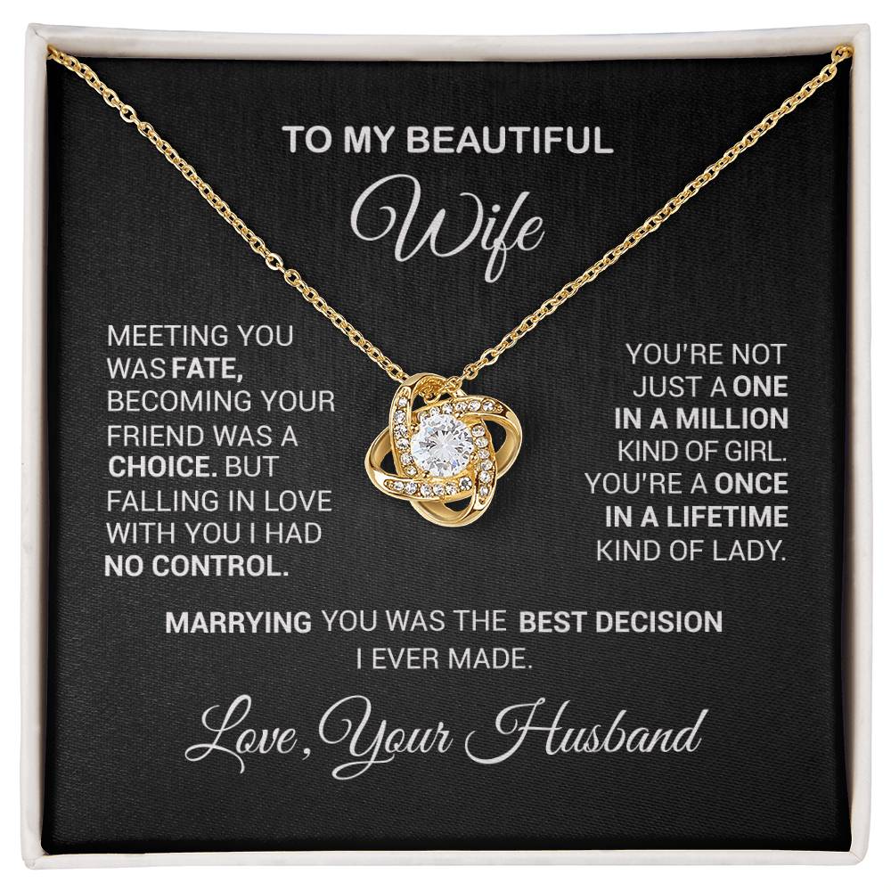 Love Knot Necklace with heartfelt message for wife, featuring premium cubic zirconia crystals and 18k yellow gold over stainless steel.