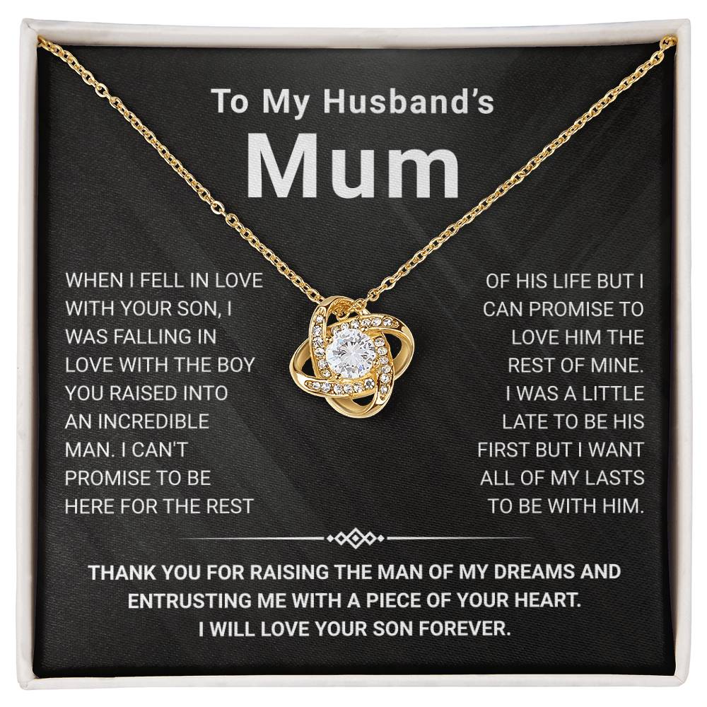 Love Knot Necklace for Husband's Mum in elegant gift box with heartfelt message, featuring premium cubic zirconia.