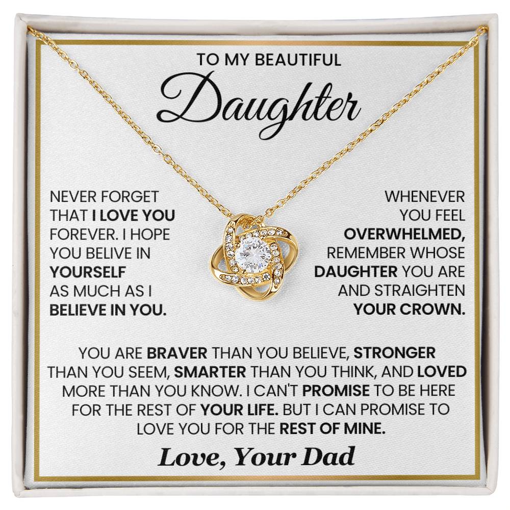 Love Knot Necklace gift for daughter with heartfelt message card, featuring cubic zirconia and gold finish, symbolizing unbreakable bond.