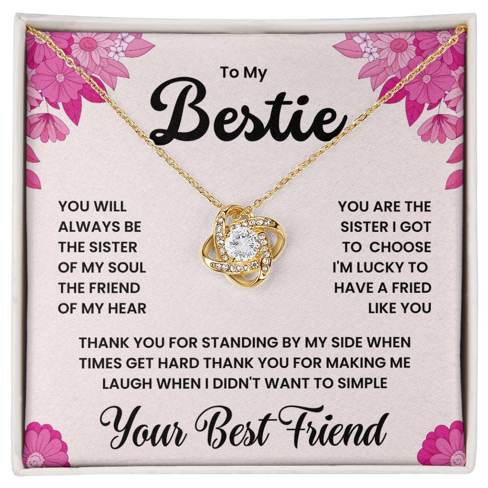 Love Knot Necklace gift for best friend with heartfelt message, "To My Bestie, You Will Always Be the Sister of My Soul" in floral box