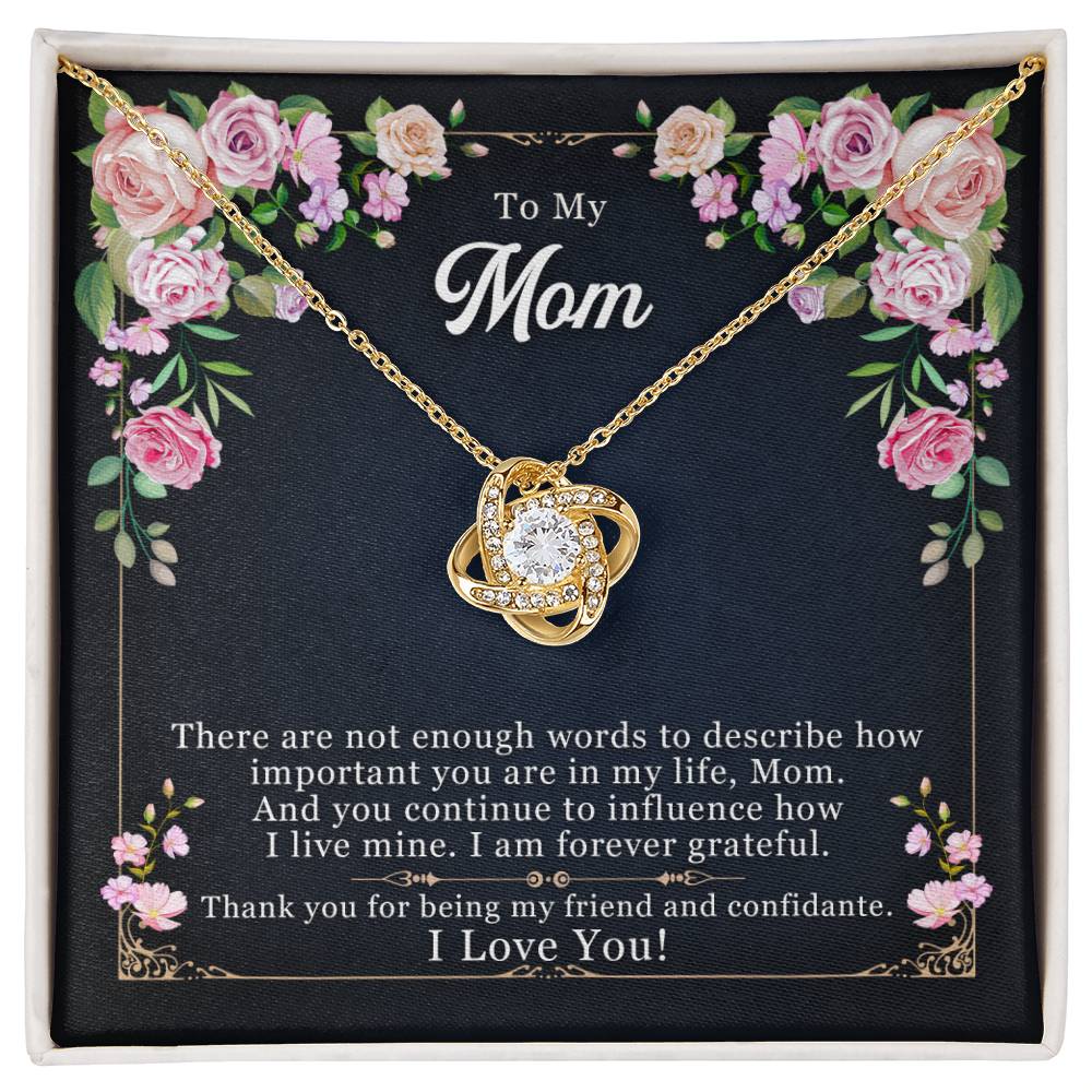 Love Knot Necklace with cubic zirconia for Mom, featuring floral design and heartfelt message in gift box