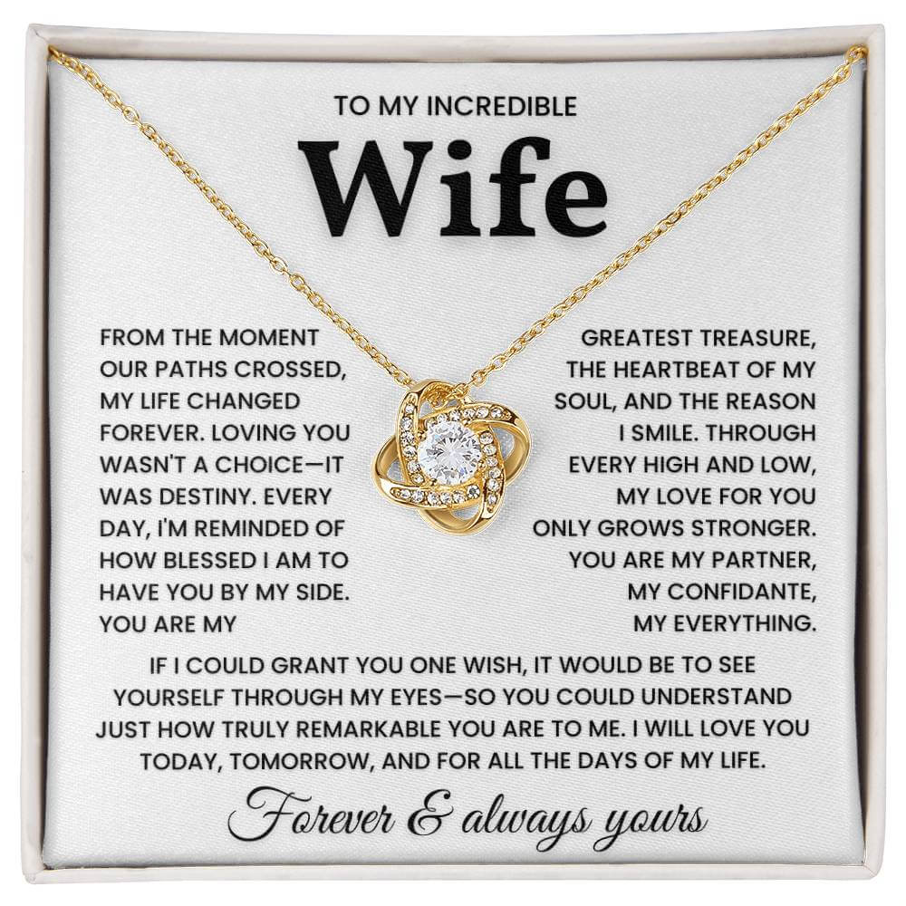 Gold necklace with heart-shaped pendant and message card for wife that reads "To My Incredible Wife - I Will Love You Today, Tomorrow, and For All the Days of My Life"